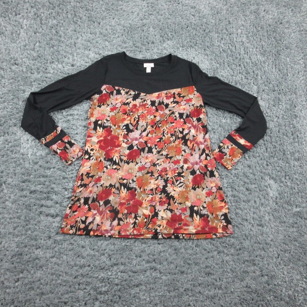 LOGO Layers Tunic Top Womens XS Black Floral Angel Nylon Spandex Long Sleeve